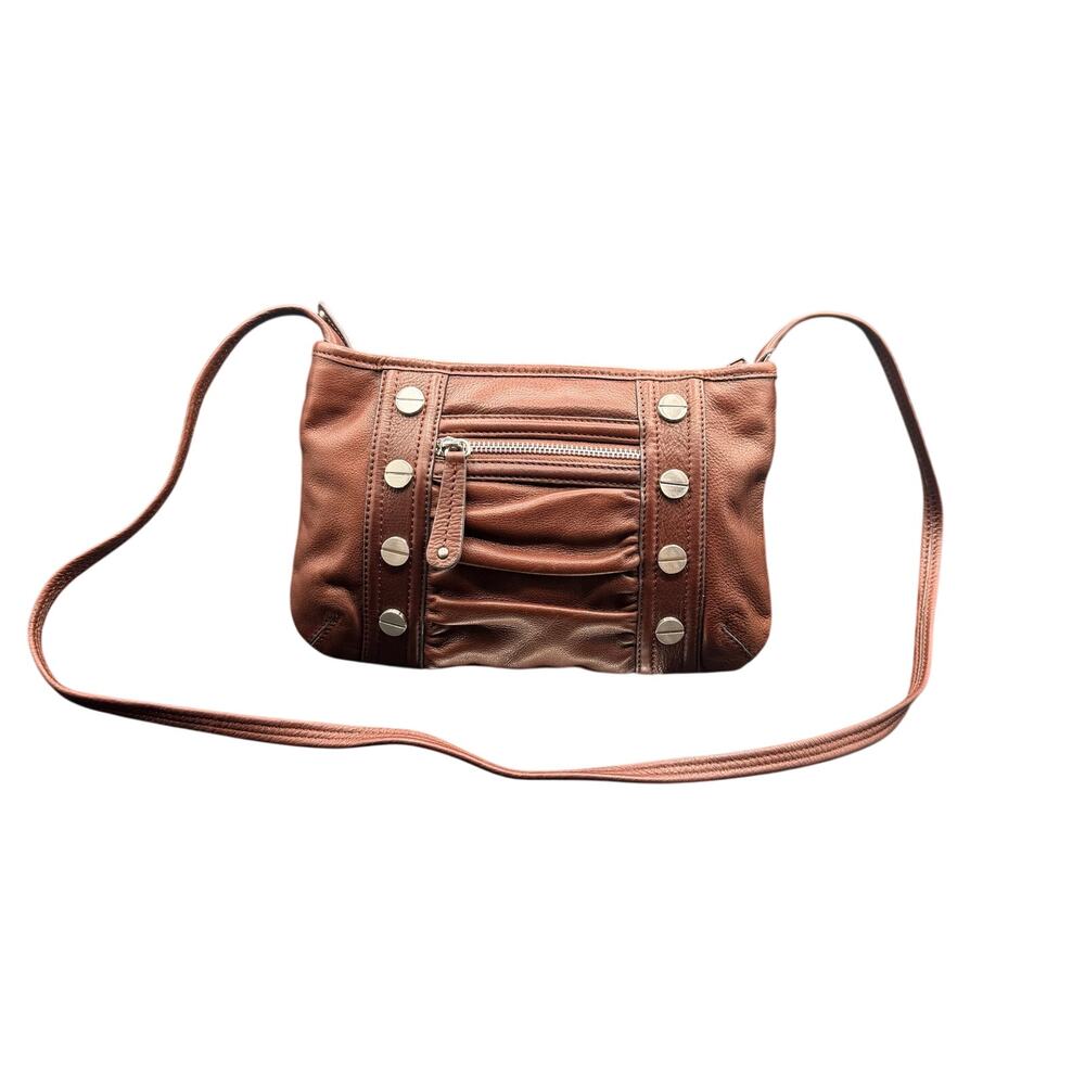 B Makowsky Brown Leather Crossbody Bag Studded Ruched Pocket Purse